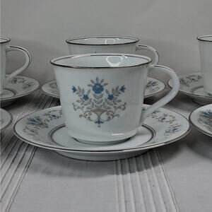 Noritake Octavia Pattern 6 Teacup and Saucer Sets Vintage Porcelain Blue Gray
